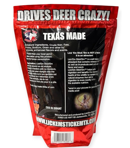 Lick'Em Stick'Em Deer Attractant | Natural Long-Lasting Powder for Year-Round Hunting and Wildlife Tracking | Nutrient-Rich Deer Lure | 4lb Bag